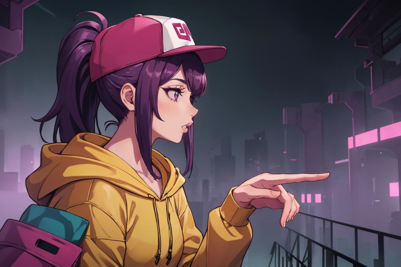 masterpiece, best quality, 1girl, <lora:youlooklonely-meme-richy-v1:1> youlooklonely, pointing, from side, looking at another, dark, fog, city, cyberpunk, purple hair, ponytail, baseball cap, yellow hoodie, (parted lips:0.8), pink theme