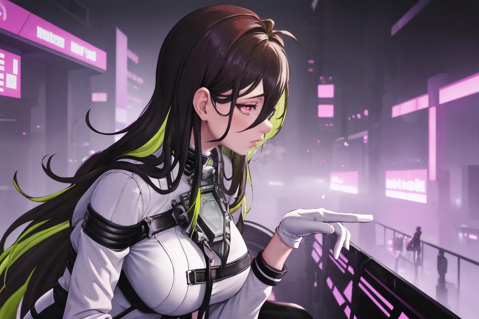 masterpiece, best quality, 1girl, <lora:youlooklonely-meme-richy-v1:1> youlooklonely, pointing, darkness, fog, hologram, purple theme, from side, looking at another, size difference, giantess, 1boy, city, cyberpunk, <lora:guilty-nikke-richy-v5:1> guilty \(nikke\),white bodysuit, collar, two-tone hair, green hair, pink eyes, white gloves