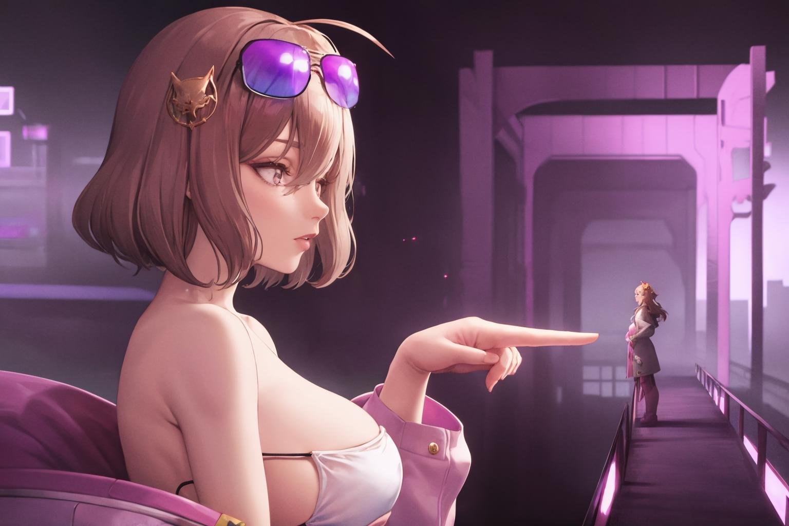 masterpiece, best quality, 1girl, <lora:youlooklonely-meme-richy-v1:1> youlooklonely, pointing, darkness, fog, hologram, purple theme, <lora:anis-nikke-richy-v2:1> anisswim, from side, looking at another, eyewear on head, hair ornament