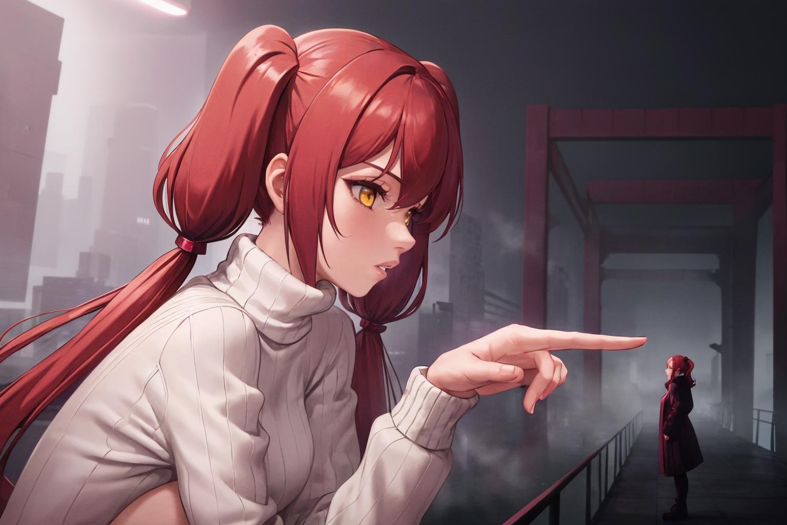 masterpiece, best quality, 1girl, <lora:youlooklonely-meme-richy-v1:1> youlooklonely, (pointing:1.1), darkness, fog, pink theme, from side, looking at another, red hair, twin tails, yellow eyes, very long hair, turtleneck, ribbed sweater, mature female, parted lips