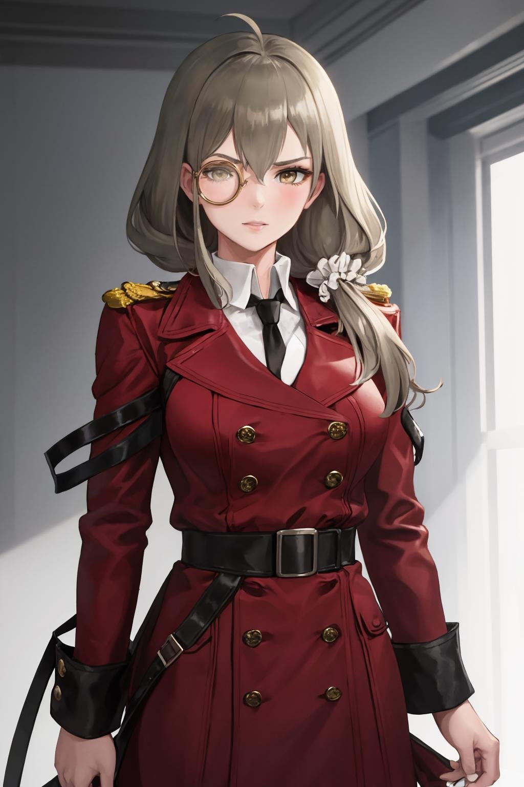 masterpiece, best quality, 1girl, solo, <lora:helianthus-gfl-richy-v1:1> heliandef, monocle, scrunchie, military uniform, necktie, belt, mature female, coat