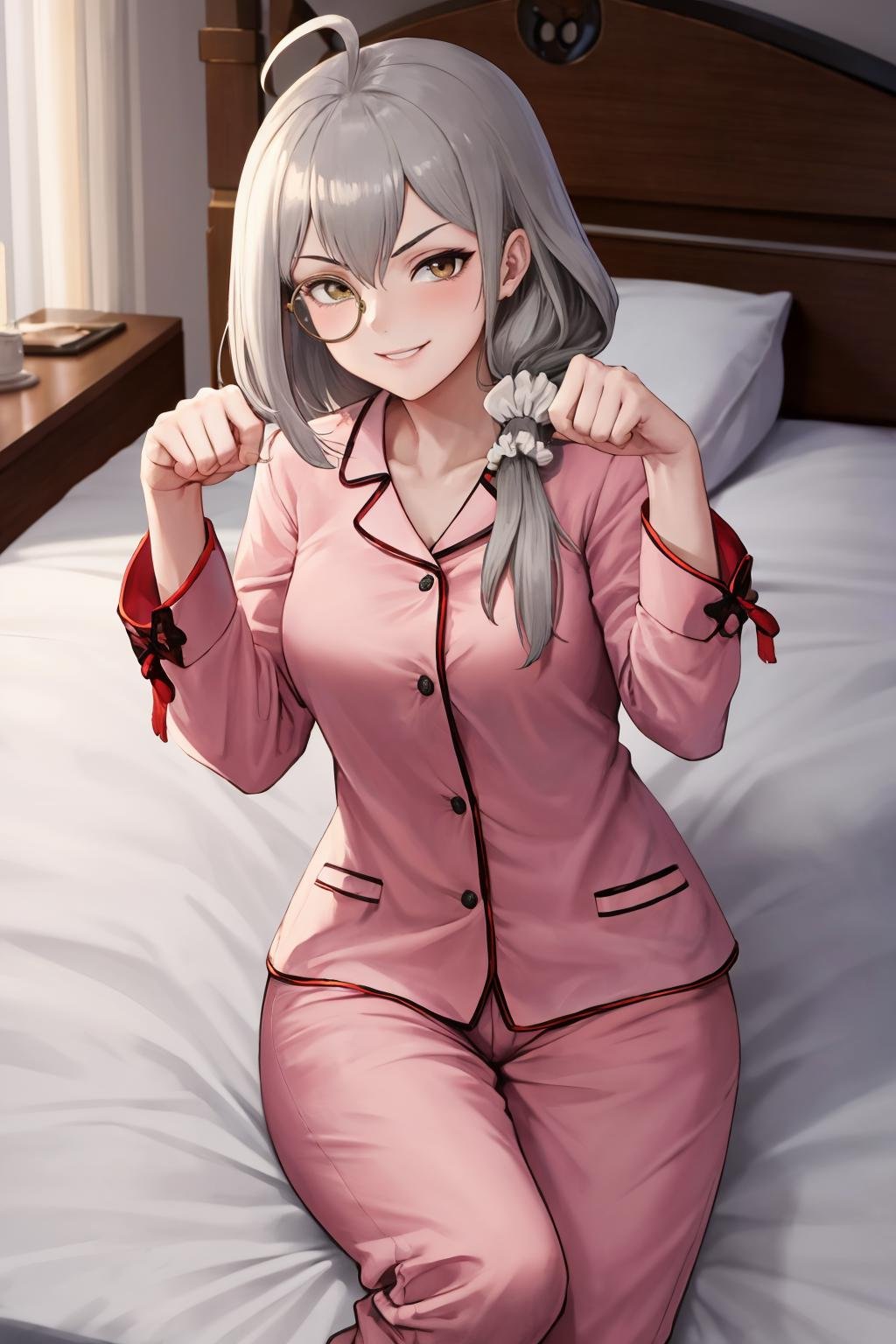 masterpiece, best quality, 1girl, solo, <lora:helianthus-gfl-richy-v1:1> helianrnd, lying, bed, pajamas, monocle, smile, mature female, grey hair, scrunchie, side braid, paw pose