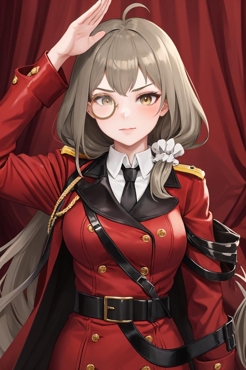 masterpiece, best quality, 1girl, solo, <lora:helianthus-gfl-richy-v1:1> heliandef, monocle, scrunchie, military uniform, necktie, belt, mature female, red coat, salute