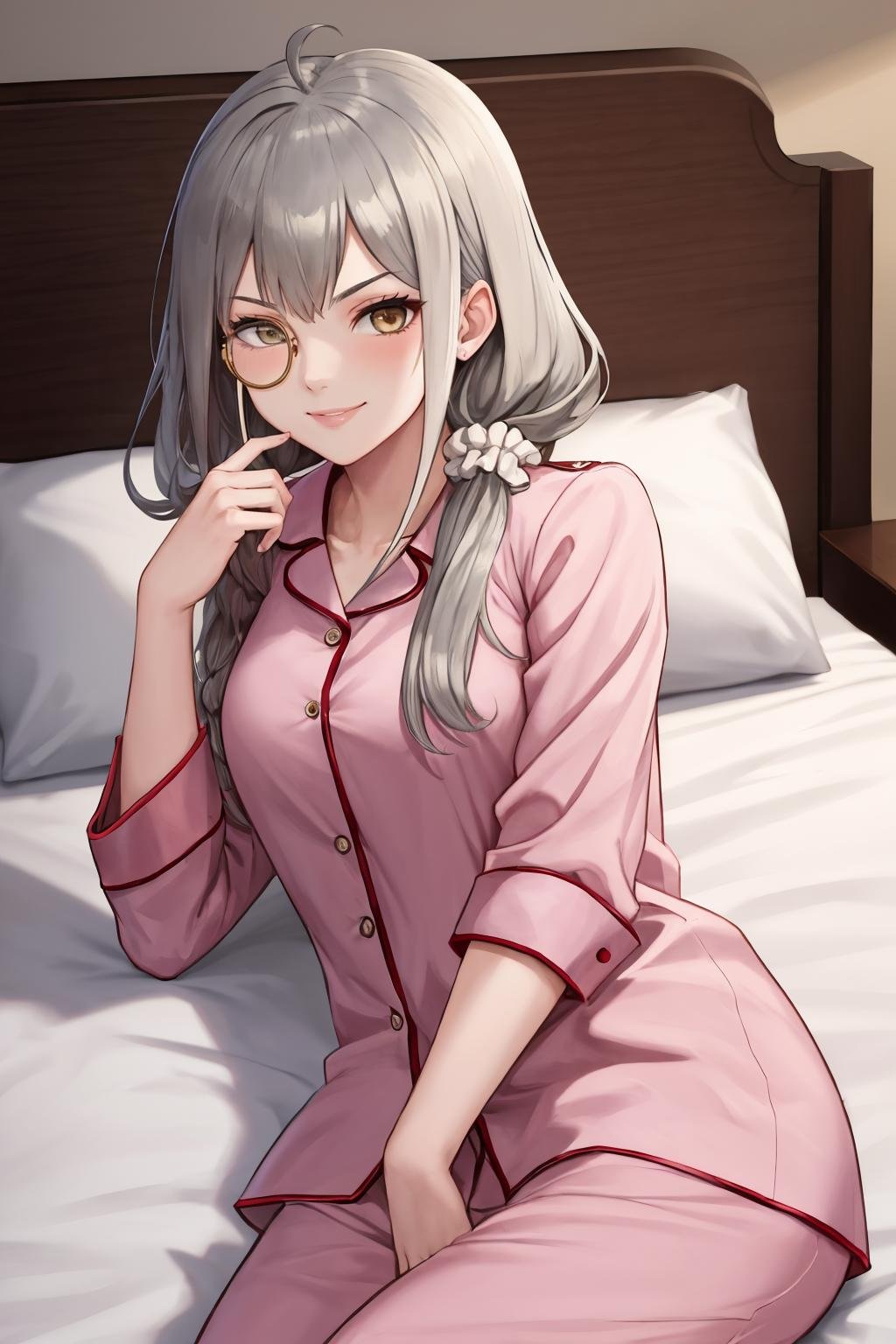 masterpiece, best quality, 1girl, solo, <lora:helianthus-gfl-richy-v1:1> helianrnd, lying, bed, pajamas, monocle, smile, mature female, grey hair, scrunchie, side braid