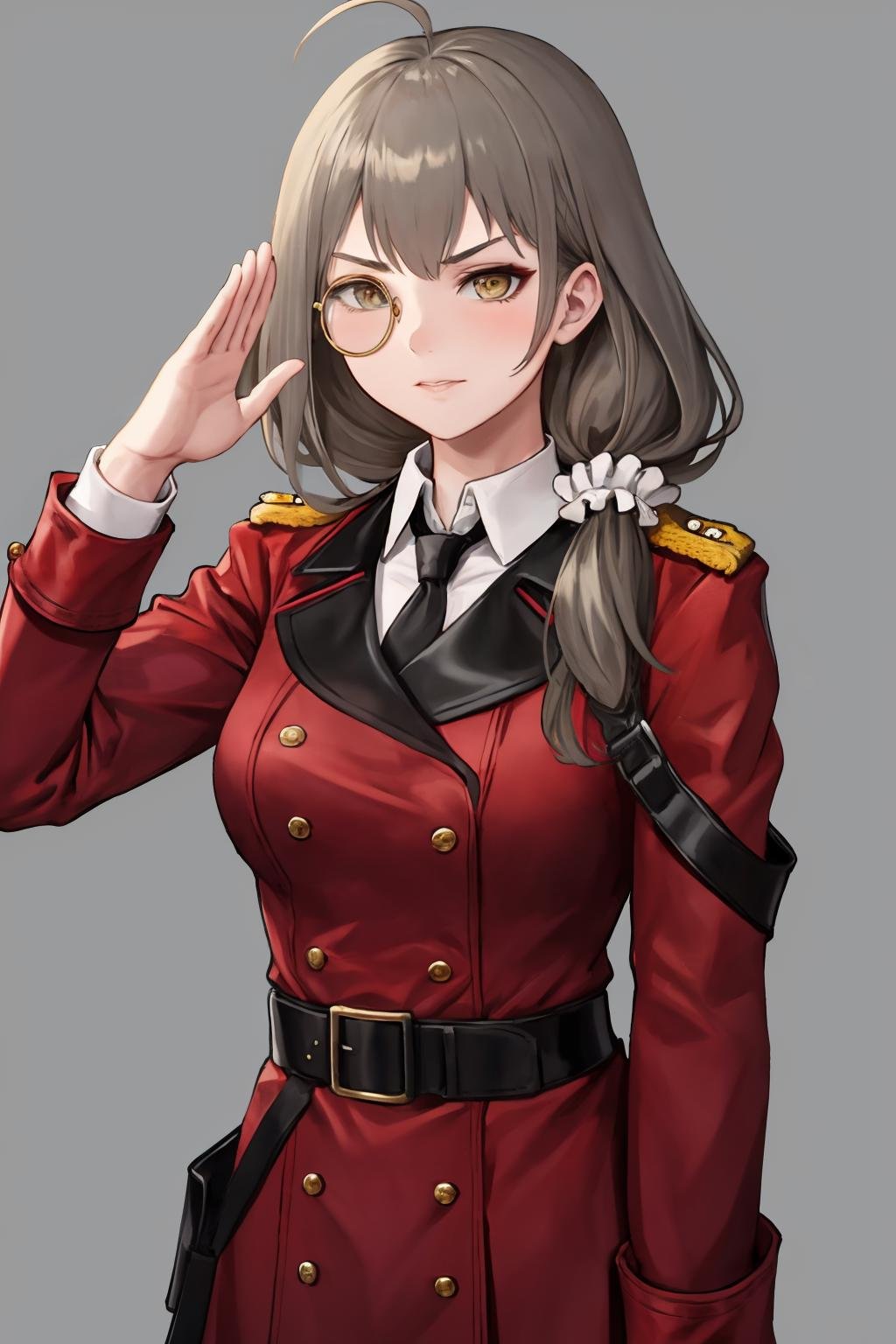 masterpiece, best quality, 1girl, solo, <lora:helianthus-gfl-richy-v1:1> heliandef, monocle, scrunchie, military uniform, necktie, belt, mature female, red coat, salute