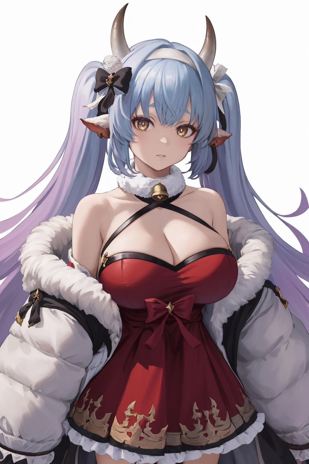 masterpiece, best quality, 1girl, solo, standing, <lora:catura-gbf-richy-v1:1> caturawinter, horns, red dress, halterneck, hair band, twintails, hair bow, neck bell