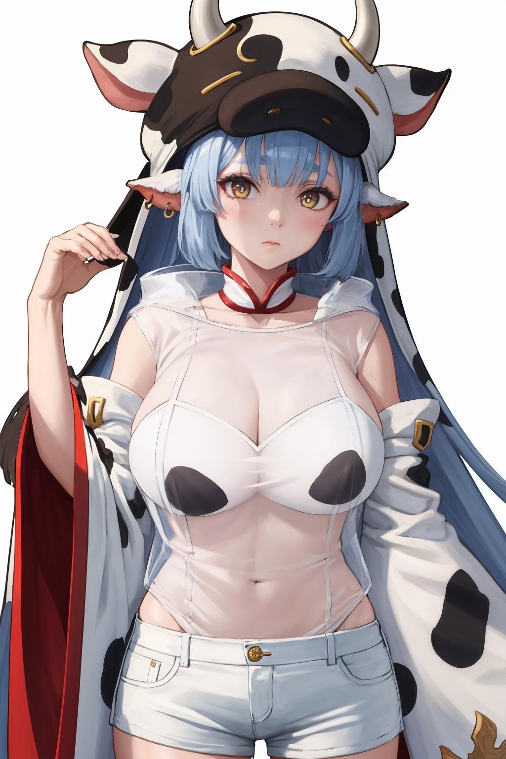 masterpiece, best quality, 1girl, solo, standing, <lora:catura-gbf-richy-v1:1> caturadef, bikini, see-through cow print, cleavage, detached sleeves, detached collar, wide sleeves, ear piercing, white shorts