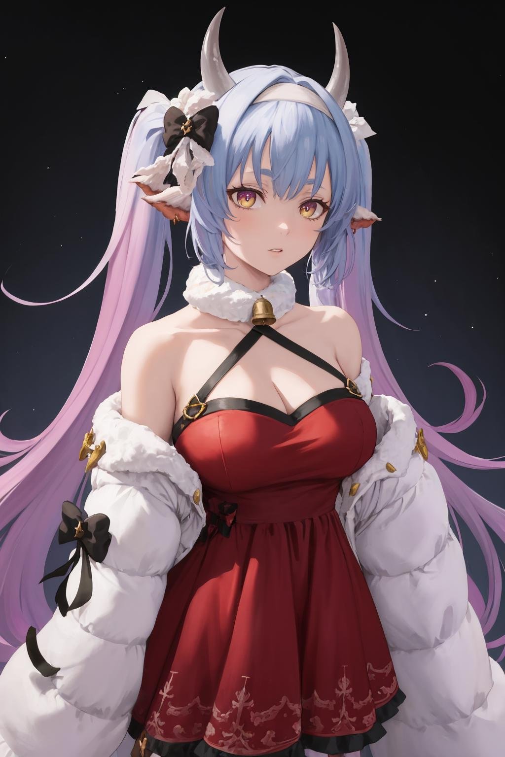 masterpiece, best quality, 1girl, solo, standing, <lora:catura-gbf-richy-v1:1> caturawinter, horns, red dress, hair band, twintails, bow, neck bell, off shoulder, halterneck