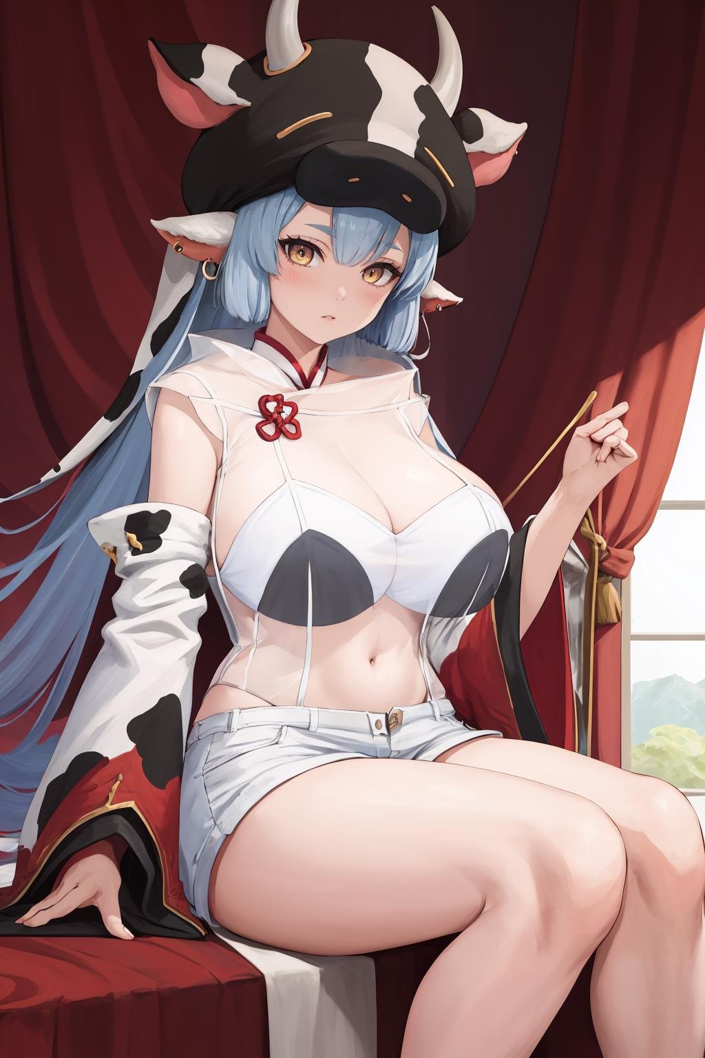 masterpiece, best quality, 1girl, solo, <lora:catura-gbf-richy-v1:1> caturadef, shimenawa, bikini, see-through, cow print, cleavage, detached sleeves, detached collar, wide sleeves, ear piercing, white shorts, micro shorts, huge breasts, ear piercing, sitting