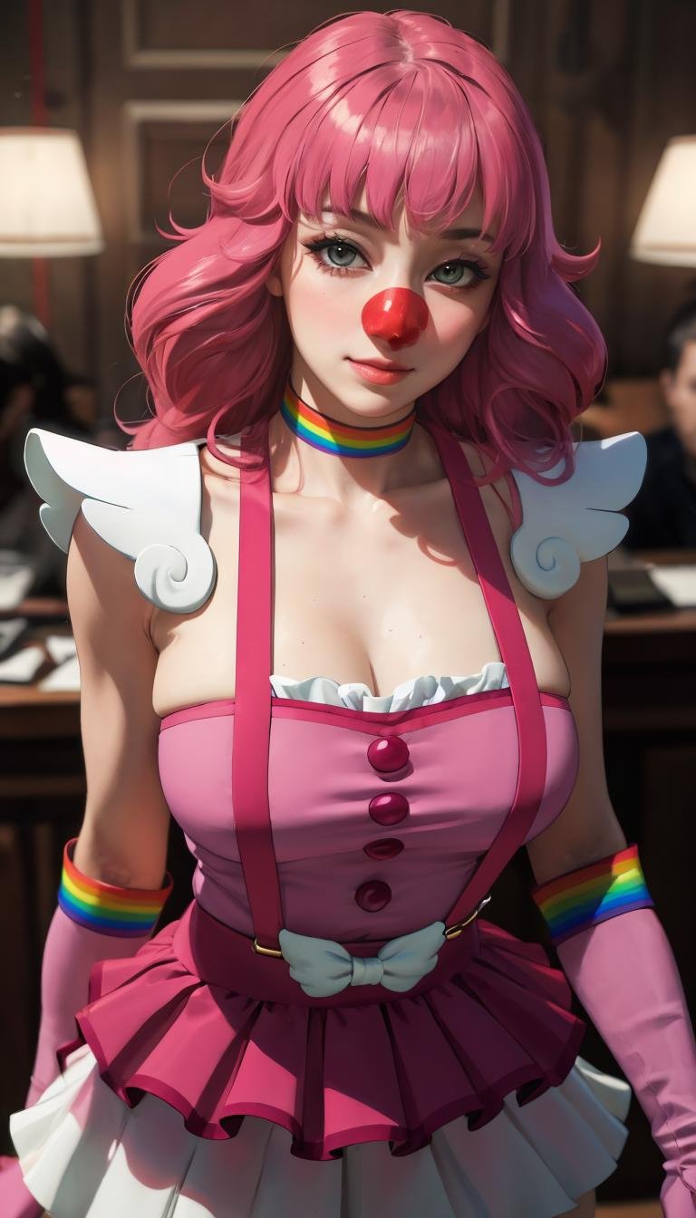 straight-on,upper body,looking at viewer,courtroom,  BREAK, GAME_geiru_toneido_ownwaifu,www.ownwaifu.com,geiru_toneido,(red_nose,  clown_nose), pink hair,brown_eyes, breasts,collarbone,cleavage,large breasts,long hair,bangs,eyebrows visible through hair,makeup,blush,thick thighs,blunt bangs,lips,lipstick,rainbow_choker, pink_gloves, pink_shirt, pink_skirt, shirt, skirt, strapless, strapless_shirt, suspender_skirt, suspenders, buttons,elbow_gloves, frilled_shirt, frilled_skirt, frills, miniskirt, layered skirt,pink dress, <lora:GAME_geiru_toneido_ownwaifu:0.8> BREAK, official art,extremely detailed CG unity 8k wallpaper, perfect lighting,Colorful, Bright_Front_face_Lighting,shiny skin, (masterpiece:1.0),(best_quality:1.0), ultra high res,4K,ultra-detailed, photography, 8K, HDR, highres, (absurdres:1.2), Kodak portra 400, film grain, blurry background, (bokeh:1.2), lens flare, (vibrant_color:1.2),professional photograph, (beautiful_face:1.5),