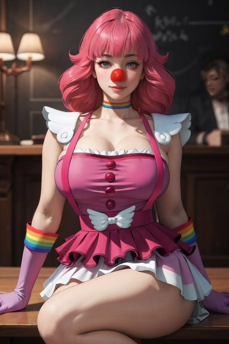 straight-on,upper body,looking at viewer,sitting, BREAK,GAME_geiru_toneido_ownwaifu,www.ownwaifu.com,geiru_toneido,(red_nose,  clown_nose), pink hair,brown_eyes, breasts,collarbone,cleavage,large breasts,long hair,bangs,eyebrows visible through hair,makeup,blush,thick thighs,blunt bangs,lips,lipstick,rainbow_choker, pink_gloves, pink_shirt, pink_skirt, shirt, skirt, strapless, strapless_shirt, suspender_skirt, suspenders, buttons,elbow_gloves, frilled_shirt, frilled_skirt, frills, miniskirt, layered skirt,pink dress, <lora:GAME_geiru_toneido_ownwaifu:0.8> BREAK, official art,extremely detailed CG unity 8k wallpaper, perfect lighting,Colorful, Bright_Front_face_Lighting,shiny skin, (masterpiece:1.0),(best_quality:1.0), ultra high res,4K,ultra-detailed, photography, 8K, HDR, highres, (absurdres:1.2), Kodak portra 400, film grain, blurry background, (bokeh:1.2), lens flare, (vibrant_color:1.2),professional photograph, (beautiful_face:1.5),