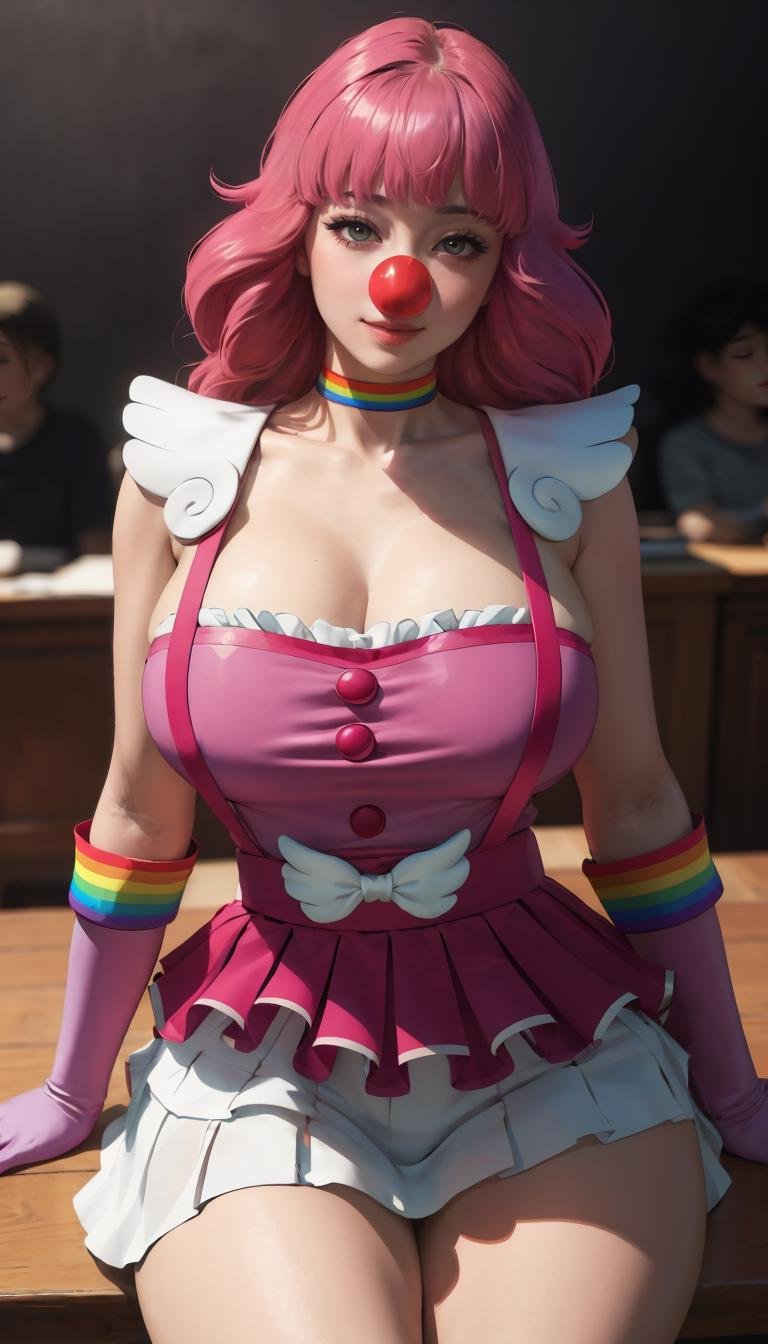 straight-on,upper body,looking at viewer,sitting, BREAK,GAME_geiru_toneido_ownwaifu,www.ownwaifu.com,geiru_toneido,(red_nose,  clown_nose), pink hair,brown_eyes, breasts,collarbone,cleavage,large breasts,long hair,bangs,eyebrows visible through hair,makeup,blush,thick thighs,blunt bangs,lips,lipstick,rainbow_choker, pink_gloves, pink_shirt, pink_skirt, shirt, skirt, strapless, strapless_shirt, suspender_skirt, suspenders, buttons,elbow_gloves, frilled_shirt, frilled_skirt, frills, miniskirt, layered skirt,pink dress, <lora:GAME_geiru_toneido_ownwaifu:0.8> BREAK, official art,extremely detailed CG unity 8k wallpaper, perfect lighting,Colorful, Bright_Front_face_Lighting,shiny skin, (masterpiece:1.0),(best_quality:1.0), ultra high res,4K,ultra-detailed, photography, 8K, HDR, highres, (absurdres:1.2), Kodak portra 400, film grain, blurry background, (bokeh:1.2), lens flare, (vibrant_color:1.2),professional photograph, (beautiful_face:1.5),