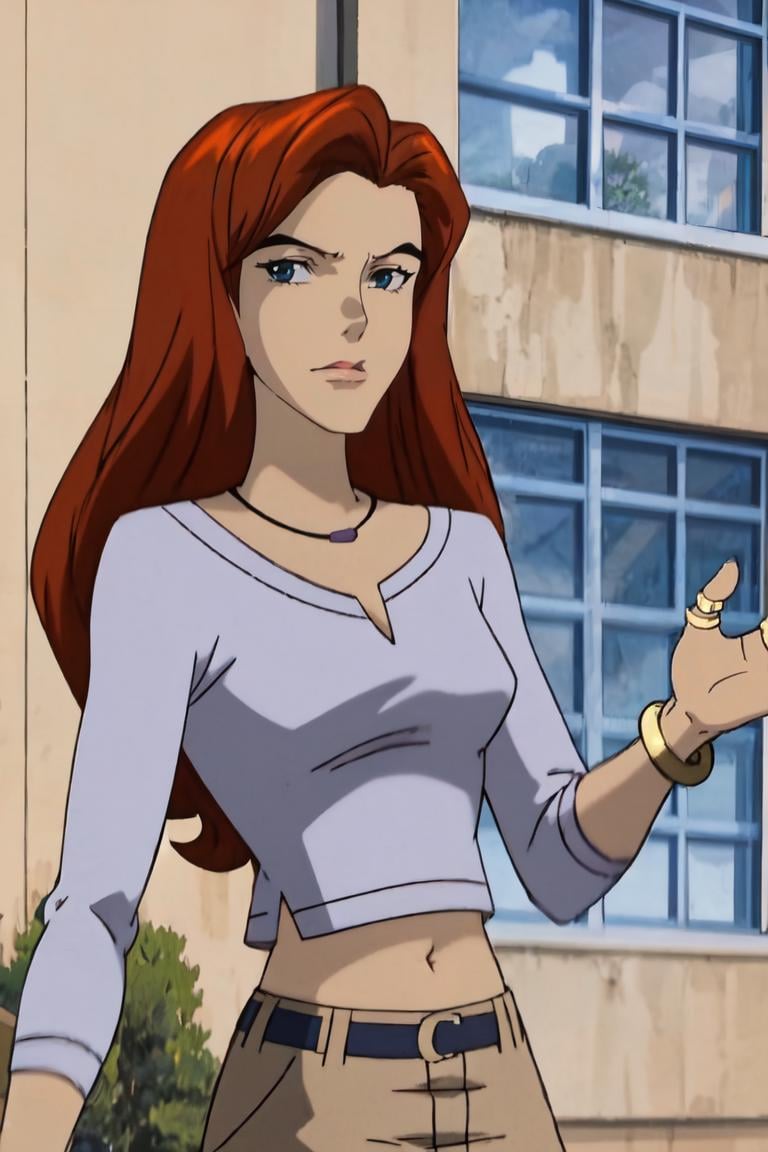 straight-on,upper body,looking at viewer,BREAK, CARTOON_jeangrey_purpleshirt_ownwaifu,www.ownwaifu.com,long hair,red hair,makeup,green eyes,lipstick,lips,breasts,red lips,medium breasts,nose, jewelry,bracelet,pants,midriff,shirt,navel,ring,bangle,crop top,casual,long sleeves,belt,wristband,brown pants,cleavage,purple shirt,necklace,<lora:CARTOON_X_MEN_Evolution_jeangrey_ownwaifu-15:1>, BREAK, 1girl, solo, looking at viewer, upper body, official art, highres, scenery, (masterpiece:1.1), (best quality,:1.1), (high quality:1.1), (anime screencap:1.2),