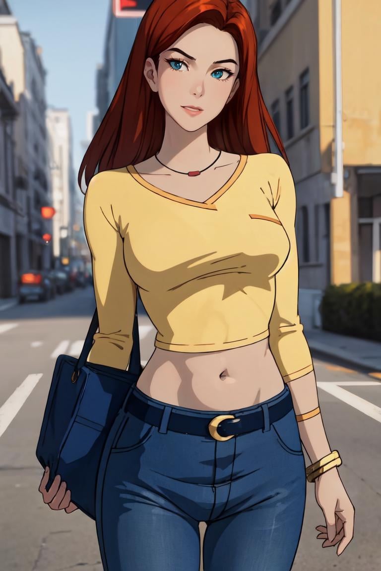 straight-on,upper body,looking at viewer,BREAK, CARTOON_jeangrey_top_ownwaifu,www.ownwaifu.com,long hair,red hair,breasts,lipstick,makeup,lips,red lips,medium breasts,green eyes,jewelry,yellow shirt,necklace,pants,shirt,denim,jeans,bracelet,midriff,belt,navel,wristband,blue pants,crop top,long sleeves,<lora:CARTOON_X_MEN_Evolution_jeangrey_ownwaifu-15:0.7>, BREAK, official art,extremely detailed CG unity 8k wallpaper, perfect lighting,Colorful, Bright_Front_face_Lighting,shiny skin, (masterpiece:1.0),(best_quality:1.0), ultra high res,4K,ultra-detailed, photography, 8K, HDR, highres, (absurdres:1.2), Kodak portra 400, film grain, blurry background, (bokeh:1.2), lens flare, (vibrant_color:1.2),professional photograph, (beautiful_face:1.5),