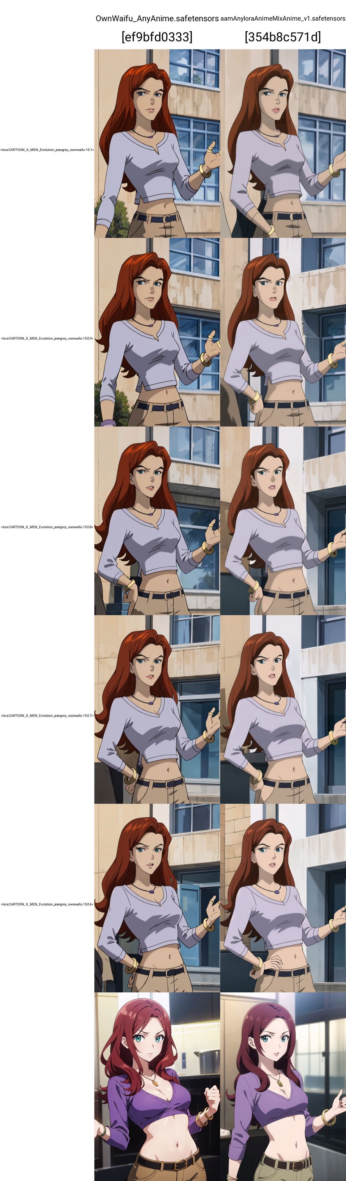 straight-on,upper body,looking at viewer,BREAK, CARTOON_jeangrey_purpleshirt_ownwaifu,www.ownwaifu.com,long hair,red hair,makeup,green eyes,lipstick,lips,breasts,red lips,medium breasts,nose, jewelry,bracelet,pants,midriff,shirt,navel,ring,bangle,crop top,casual,long sleeves,belt,wristband,brown pants,cleavage,purple shirt,necklace,<lora:CARTOON_X_MEN_Evolution_jeangrey_ownwaifu-15:1>, BREAK, 1girl, solo, looking at viewer, upper body, official art, highres, scenery, (masterpiece:1.1), (best quality,:1.1), (high quality:1.1), (anime screencap:1.2),