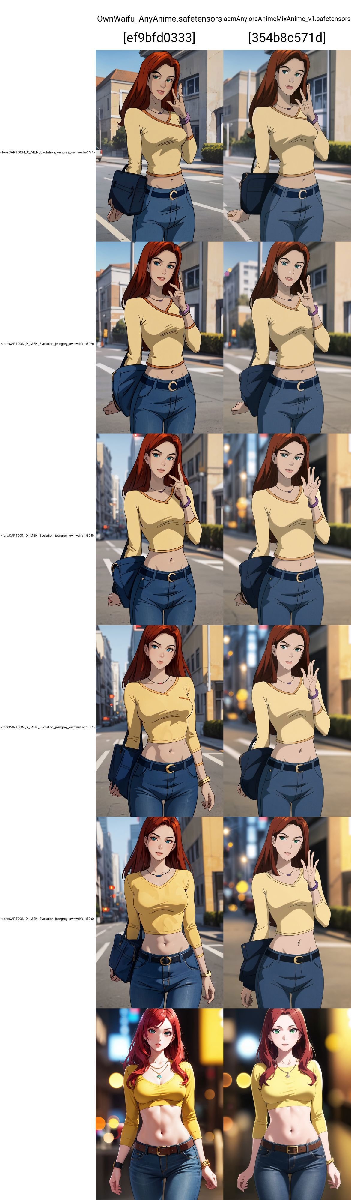 straight-on,upper body,looking at viewer,BREAK, CARTOON_jeangrey_top_ownwaifu,www.ownwaifu.com,long hair,red hair,breasts,lipstick,makeup,lips,red lips,medium breasts,green eyes,jewelry,yellow shirt,necklace,pants,shirt,denim,jeans,bracelet,midriff,belt,navel,wristband,blue pants,crop top,long sleeves,<lora:CARTOON_X_MEN_Evolution_jeangrey_ownwaifu-15:1>, BREAK, official art,extremely detailed CG unity 8k wallpaper, perfect lighting,Colorful, Bright_Front_face_Lighting,shiny skin, (masterpiece:1.0),(best_quality:1.0), ultra high res,4K,ultra-detailed, photography, 8K, HDR, highres, (absurdres:1.2), Kodak portra 400, film grain, blurry background, (bokeh:1.2), lens flare, (vibrant_color:1.2),professional photograph, (beautiful_face:1.5),