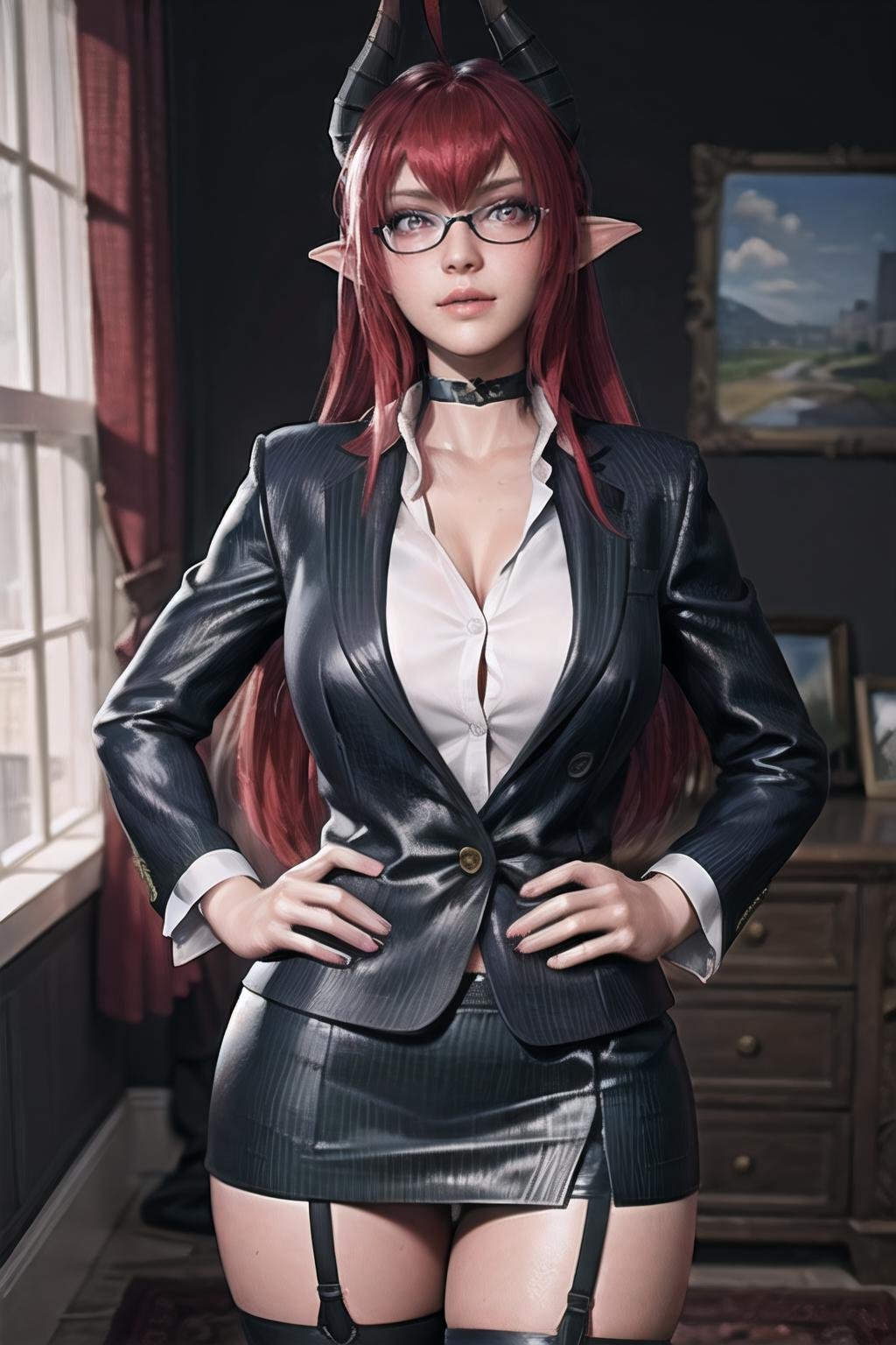 Sinia_suit_aiwaifu,black_legwear, black_skirt, breasts, choker, demon_girl, demon_horns, glasses, horns, jacket, long_hair,miniskirt, pantyhose, pencil_skirt, pinstripe_pattern, pinstripe_suit, pointy_ears,red_hair, skirt, striped, striped_skirt, vertical-striped_skirt, vertical_stripes, masterpiece,best quality,ultra detailed, 8k, cinematic light,highly detailed, scenery,pose,solo,looking at viewer,, <lora:EMS-29423-EMS:0.6>