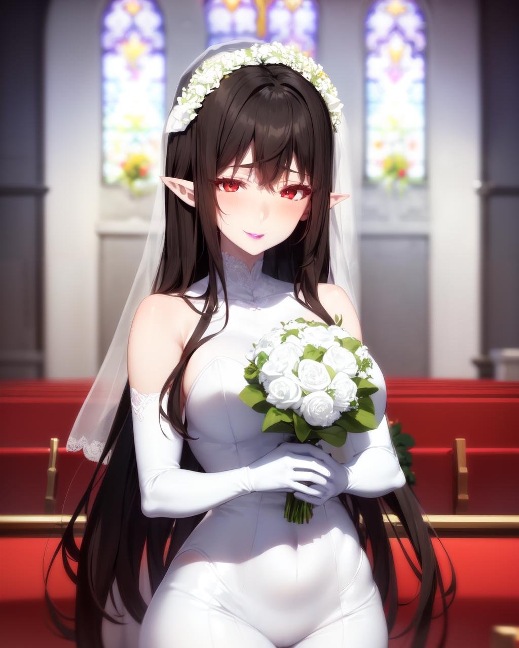 <lyco:Enigma-NAI-LyCORIS:0.9>1girl, solo, (3ngma),  purple lips,wearing (white wedding dress, wreath), bridal gauntlets, holding bouquet of flowers, church background,  pale skin, pointy ears, finely detailed red eyes,  long black hair, smile, blushing