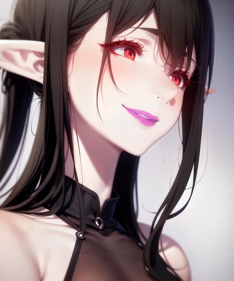 <lyco:Enigma-NAI-LyCORIS:0.9>1girl, solo, (3ngma), portrait, profile, smile, purple lips, pale skin, pointy ears, finely detailed red eyes,  long black hair