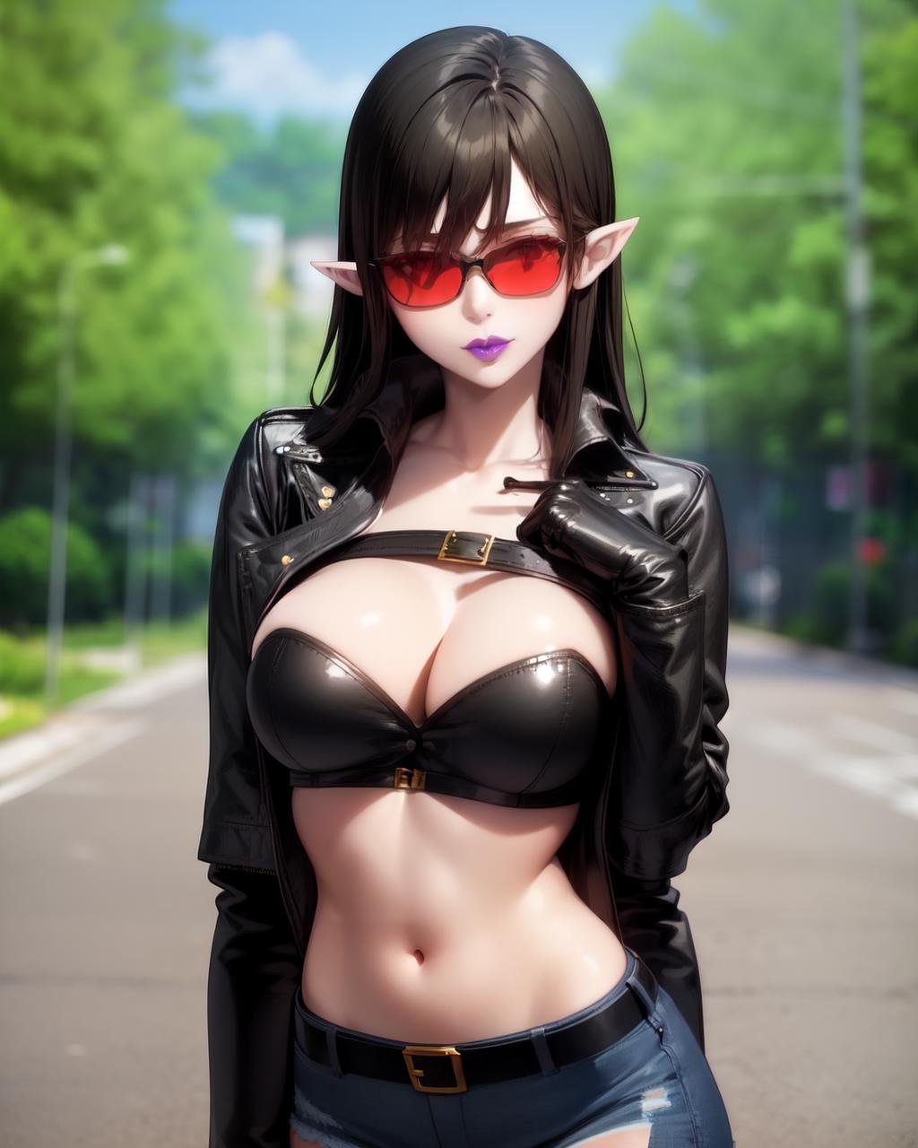 <lyco:Enigma-NAI-LyCORIS:0.9>1girl, solo, (3ngma),  purple lips,wearing (crop top, sunglasses,  black leather jacked, denim jeans, leather belt), midriff,  outdoors, colored skin, pointy ears, finely detailed red eyes,  long black hair