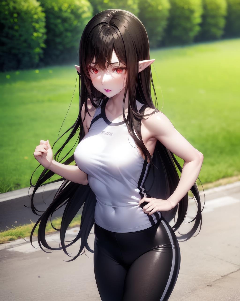 <lyco:Enigma-NAI-LyCORIS:0.85>1girl, solo, (3ngma),  purple lips,wearing sportswear, outdoors, running,  pale skin, pointy ears, finely detailed red eyes,  long black hair, flowing hair