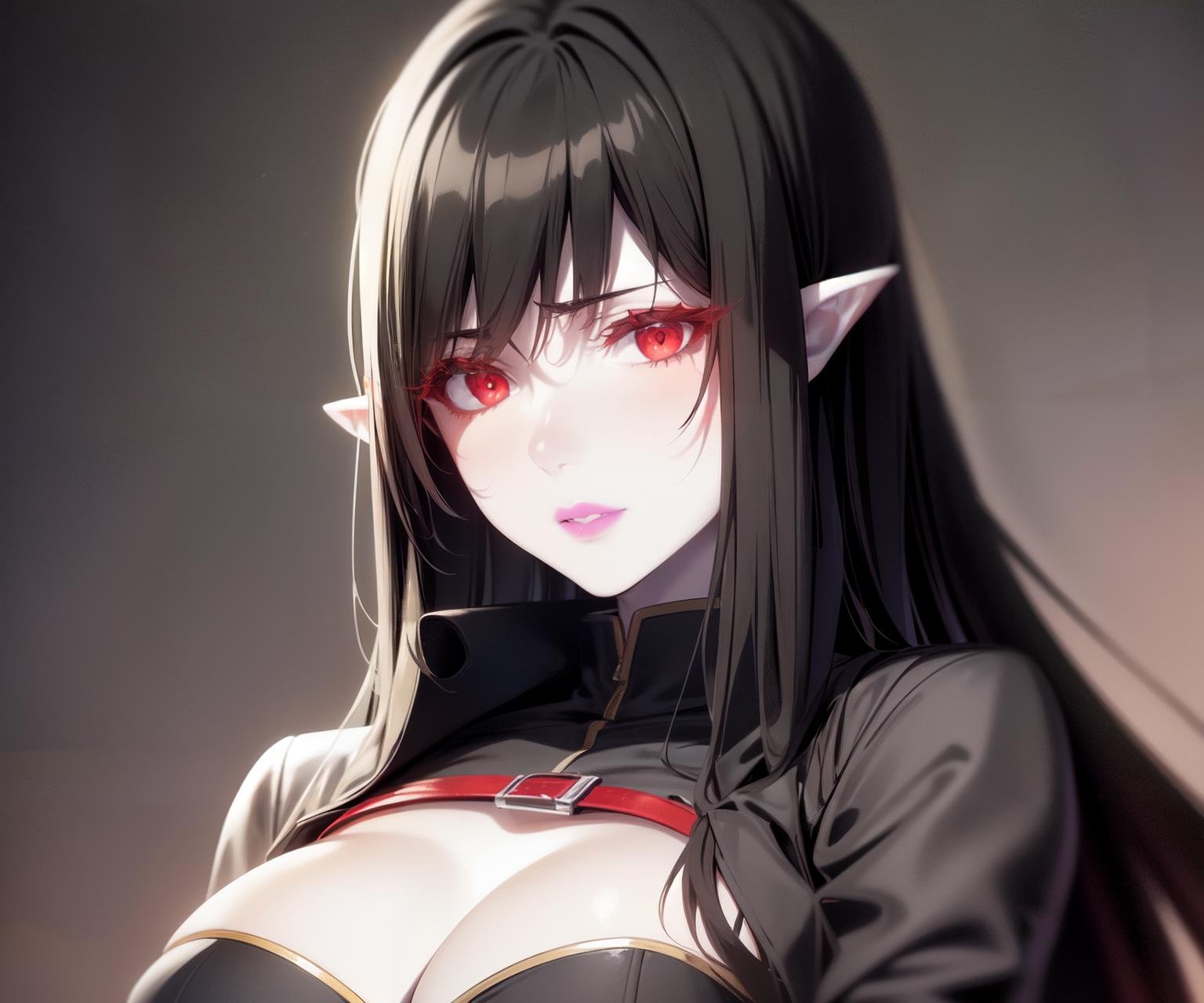 <lyco:Enigma-NAI-LyCORIS:0.85>, realistic, photorealistic, octane render, 1girl, solo, (3ngma),  upper body, red strap,, arms crossed, cleavage, open coat,  black coat,BREAKpurple lips, , breast press, parted lips,  glowing eyes, ringed ,eyes, colored eyelashes, eyeliner,  pale skin, pointy ears, finely detailed red eyes,  long black hair, flowing hair