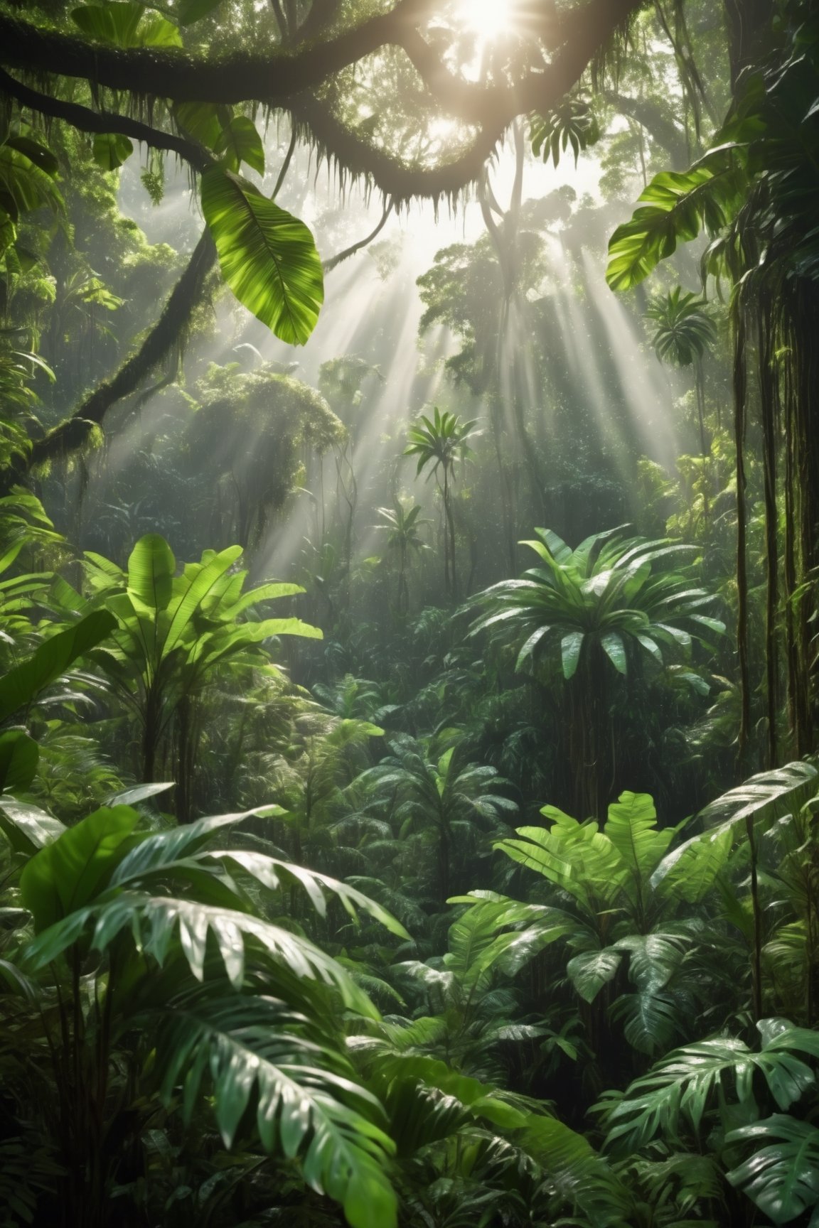 A dense rainforest canopy where sunlight pierces through, highlighting the dew-covered leaves that gleam in shades of green, capturing the intricate details and varying contrasts of a thriving jungle, 8K.