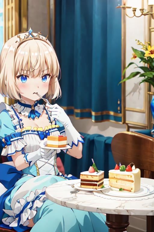 <lora:0005animemia:1>,animemia,bust,eating cake,holding_fork,