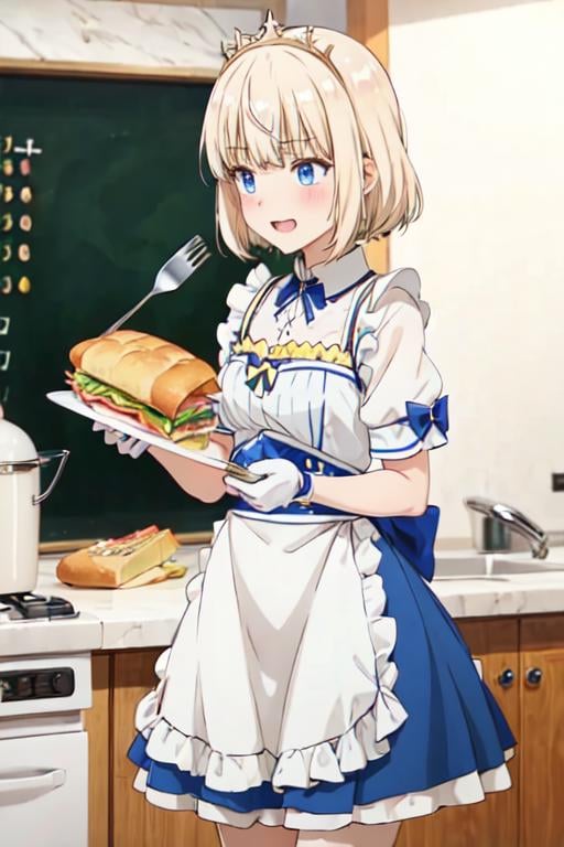 <lora:0005animemia:0.9>,animemia,(school_uniform:1.3),apron,cooking,petite,a horse shaped bread,sandwich,