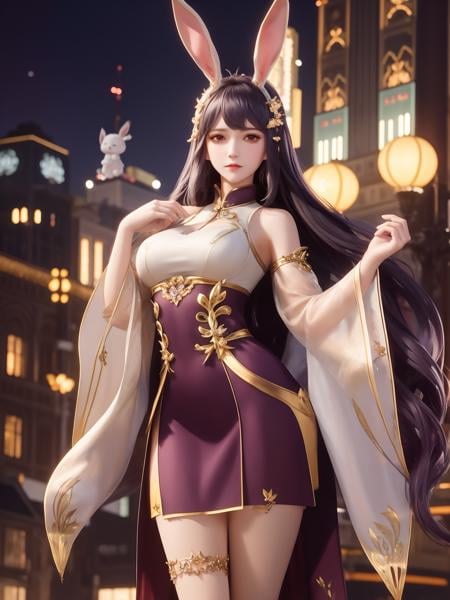 <lora:DLDLIIjiangnannanCF_20230802153226:0.75>,1girl,mature female, looking at viewer, cityscape, night, hair ornament, long hair, fake animal ears, skirt,shirt,clothing cutout, rabbit ears, detached sleeves, 