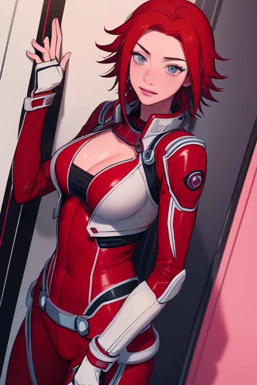 1girl,mature_female,(masterpiece,detailed,best quality),kallen pilot suit,kallen stadtfeld,smirk,clevage,smirk,cleavage,facing_viewer,kallen school uniform