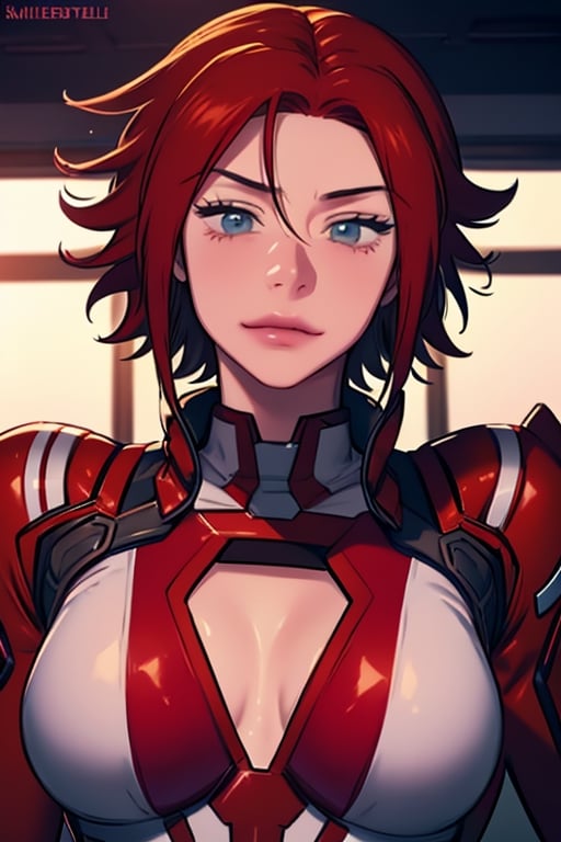 1girl,mature_female,(masterpiece,detailed,best quality),kallen pilot suit,kallen stadtfeld,smirk,clevage,smirk,cleavage,facing_viewer