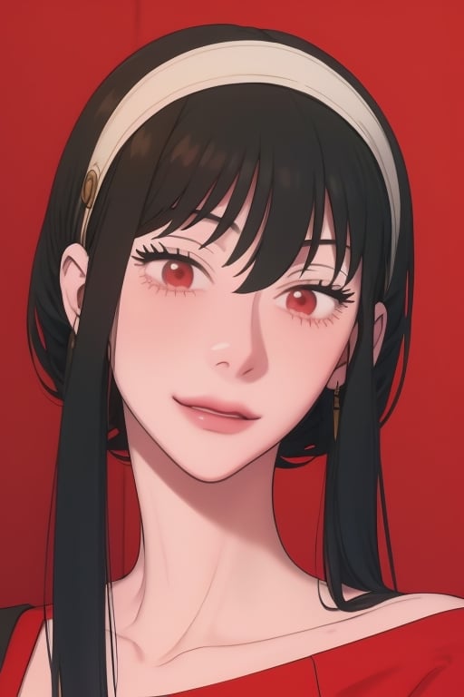 1girl,mature_female,(masterpiece,detailed,best quality),,smirk,facing_viewer,anime,yor,off-shoulder sweater, red sweater, collarbone, no background, black hair, red eyes, black hair, black hair, short hair, short hair with long locks, bangs, sideburns, white headband, looking at viewer,smile