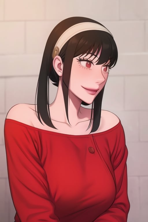 1girl,mature_female,(masterpiece,detailed,best quality),,smirk,facing_viewer,anime,yor,off-shoulder sweater, red sweater, collarbone, no background, black hair, red eyes, black hair, black hair, short hair, short hair with long locks, bangs, sideburns, white headband, looking at viewer,smile