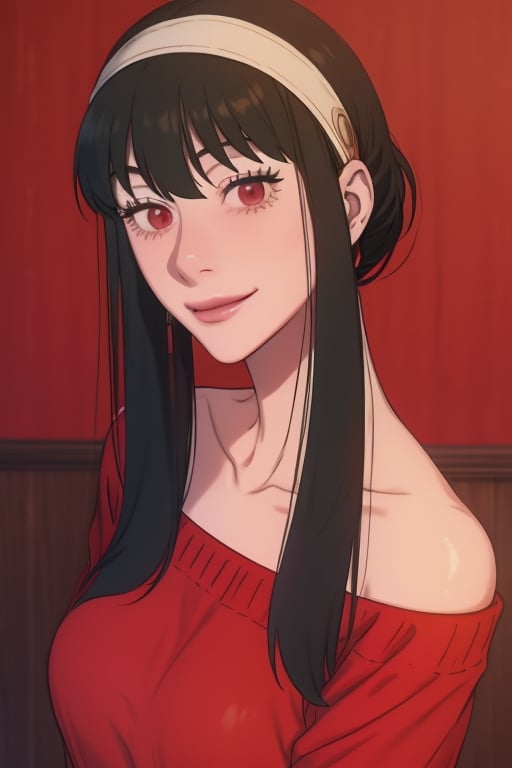 1girl,mature_female,(masterpiece,detailed,best quality),,smirk,facing_viewer,anime,yor,off-shoulder sweater, red sweater, collarbone, no background, black hair, red eyes, black hair, black hair, short hair, short hair with long locks, bangs, sideburns, white headband, looking at viewer,smile