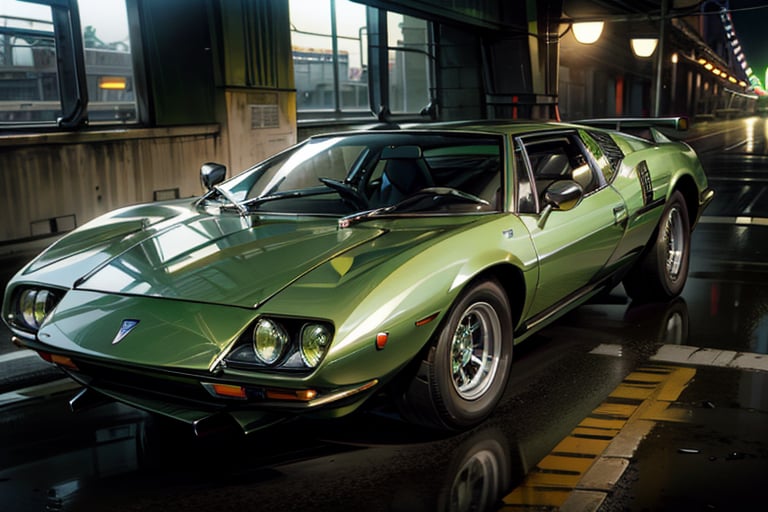 car,  sports car,  green car,  de tomaso mangusta,  on the road,  perfect lighting,  wallpaper,  commercial photo, <lora:EMS-56507-EMS:0.800000>
