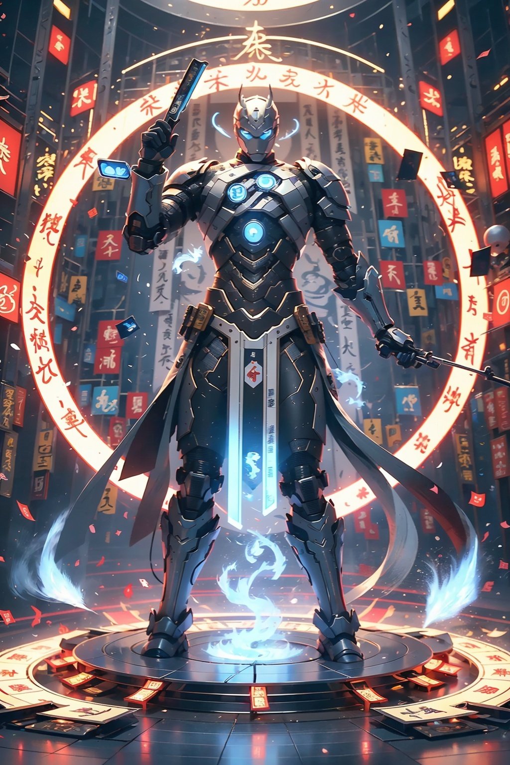 A young mech in silver armor stands in the air, the characters in ancient Chinese novels are sparkling, the silver-clad handsome, the gestures incantation, martial arts immortality, the characters in the palace game are covered in gold runes, cyberpunk-style, neon, best image quality, 3D rendering, head up, super wide angle, fish eyes, full body camera, 16K, super high definition, high resolution, very detailed, best image quality,Daofa Rune