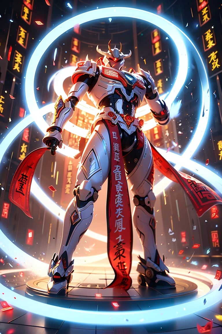 Surrounded by rotating transparent red scrolls, floating transparent red Chinese characters, dynamic, rotating, 1 man standing in the air, not looking at the camera, writing calligraphy, solo, blue eyes, holding, weapon, holding weapon, glow, robot, mecha, science fiction, open_hand,v-fin, movie lighting, strong contrast, high level of detail, best quality, masterpiece, white background,qingsha,Daofa Rune,glint sparkle,Flowing scroll