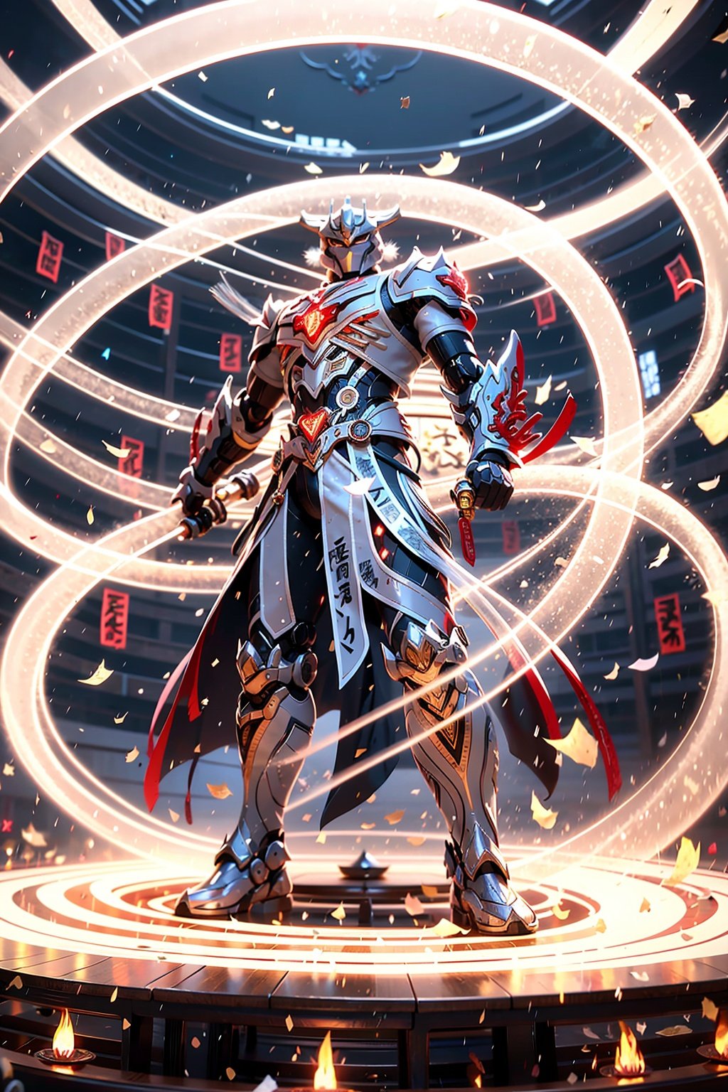 Surrounded by rotating transparent red scrolls, floating transparent red Chinese characters, dynamic, rotating, 1 man standing in the air, not looking at the camera, writing calligraphy, solo, blue eyes, holding, weapon, holding weapon, glow, robot, mecha, science fiction, open_hand,v-fin, movie lighting, strong contrast, high level of detail, best quality, masterpiece, white background,qingsha,Daofa Rune,glint sparkle,Flowing scroll