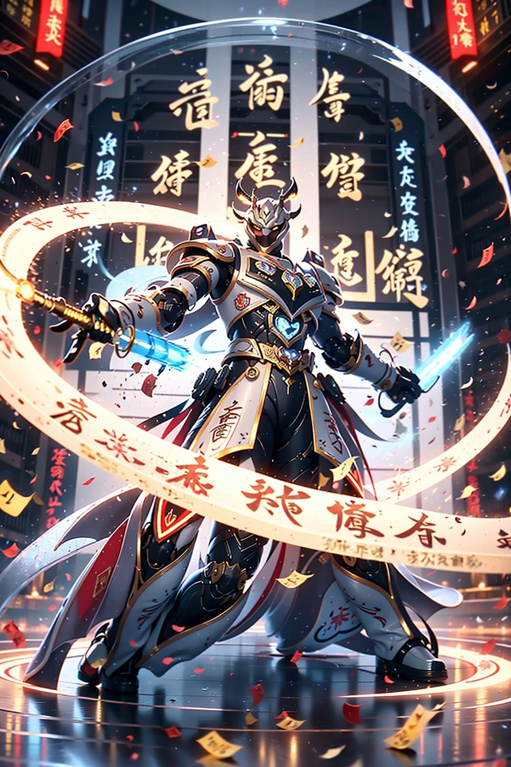 Surrounded by rotating transparent red scrolls, floating transparent red Chinese characters, dynamic, rotating, 1 man standing in the air, not looking at the camera, writing calligraphy, solo, blue eyes, holding, weapon, holding weapon, glow, robot, mecha, science fiction, open_hand,v-fin, movie lighting, strong contrast, high level of detail, best quality, masterpiece, white background,qingsha,Daofa Rune,glint sparkle,Flowing scroll