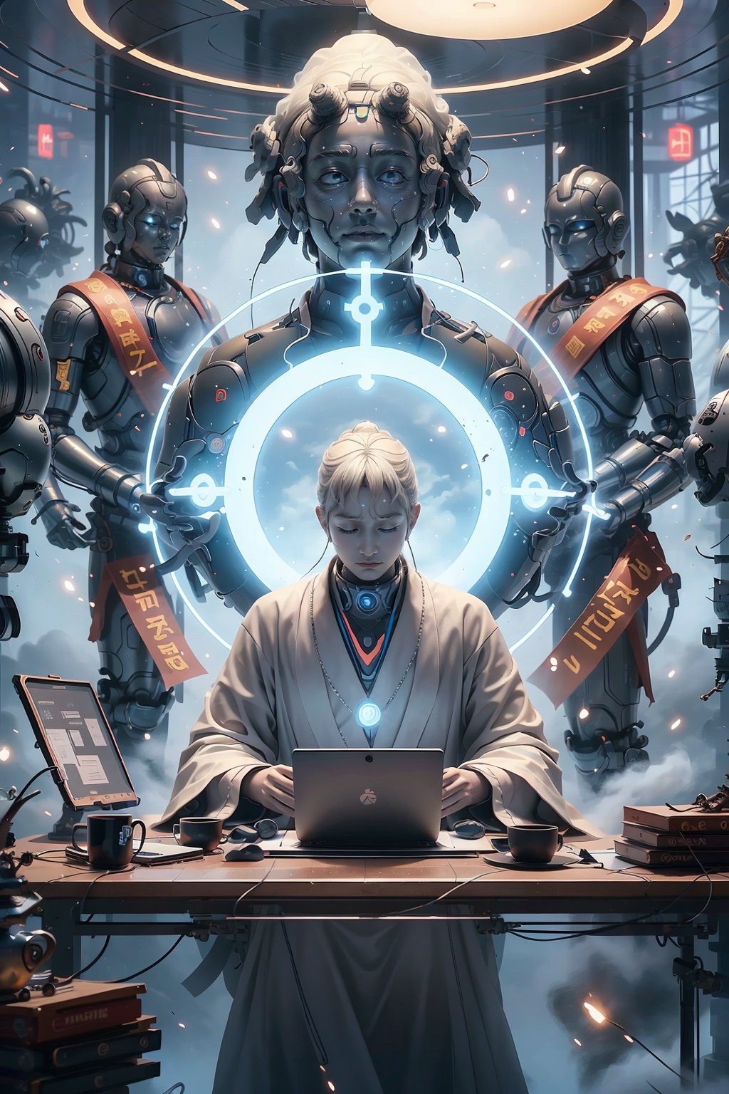 (best quality, masterpiece) , soft lighting, 1 Mech, working in front of a communicator, dozing with eyes closed, windows, (office) , from the side, shrouded in clouds, futuristic style, no camera, moon outside, octane renderings, neon, * * OK and mist, fine art illustrations, complex digital paintings, surreal, ultra-fine, OC renderings, high detail, ultra-high quality, 16k, Dauphin symbols