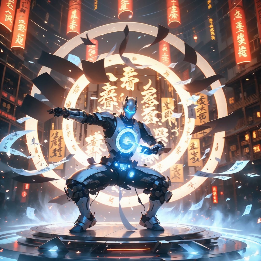 A young mech in silver armor stands in the air, the characters in ancient Chinese novels are sparkling, the silver-clad handsome, the gestures incantation, martial arts immortality, the characters in the palace game are covered in gold runes, cyberpunk-style, neon, best image quality, 3D rendering, head up, super wide angle, fish eyes, full body camera, 16K, super high definition, high resolution, very detailed, best image quality,Daofa Rune,Flowing scroll