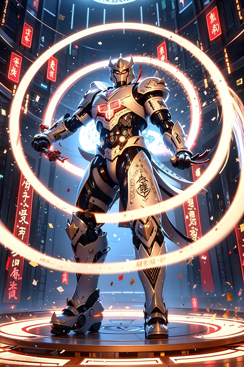 Surrounded by rotating transparent red scrolls, floating transparent red Chinese characters, dynamic, rotating, 1 man standing in the air, not looking at the camera, writing calligraphy, solo, blue eyes, holding, weapon, holding weapon, glow, robot, mecha, science fiction, open_hand,v-fin, movie lighting, strong contrast, high level of detail, best quality, masterpiece, white background,qingsha,Daofa Rune,glint sparkle,Flowing scroll