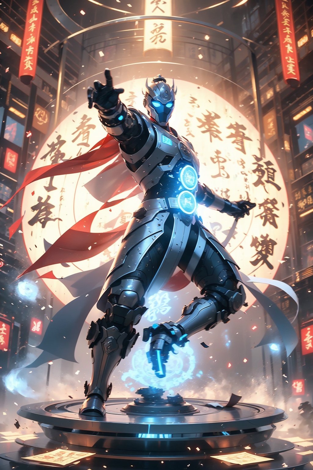 A young mech in silver armor stands in the air, the characters in ancient Chinese novels are sparkling, the silver-clad handsome, the gestures incantation, martial arts immortality, the characters in the palace game are covered in gold runes, cyberpunk-style, neon, best image quality, 3D rendering, head up, super wide angle, fish eyes, full body camera, 16K, super high definition, high resolution, very detailed, best image quality,Daofa Rune,Flowing scroll