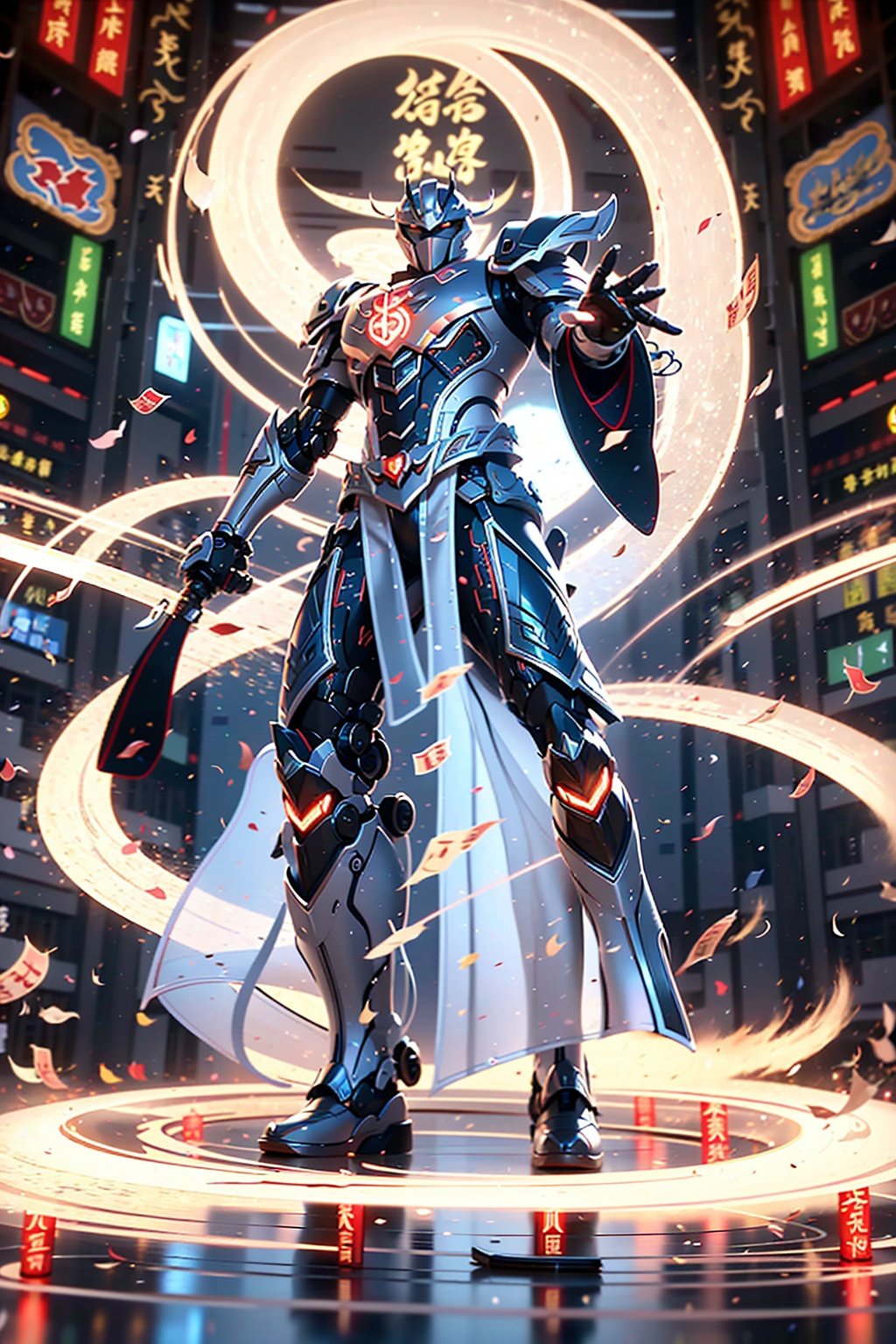 Surrounded by rotating transparent red scrolls, floating transparent red Chinese characters, dynamic, rotating, 1 man standing in the air, not looking at the camera, writing calligraphy, solo, blue eyes, holding, weapon, holding weapon, glow, robot, mecha, science fiction, open_hand,v-fin, movie lighting, strong contrast, high level of detail, best quality, masterpiece, white background,qingsha,Daofa Rune,glint sparkle,Flowing scroll