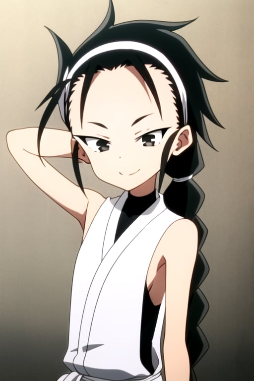 masterpiece, best quality, kunoichiShion, 1girl, solo, sleeveless, braid, looking at viewer, black eyes, upper body, smile, white hairband, arms behind head, 