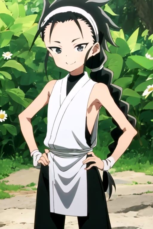 masterpiece, best quality, kunoichiShion, 1girl, solo, long hair,  looking at viewer, black eyes,  smile, standing, hands on hips, short kimono, white kimono, sleeveless, braid, black pants, , white hairband, spread legs, daisy, upper body, sunlight, falling petals, outdoors,