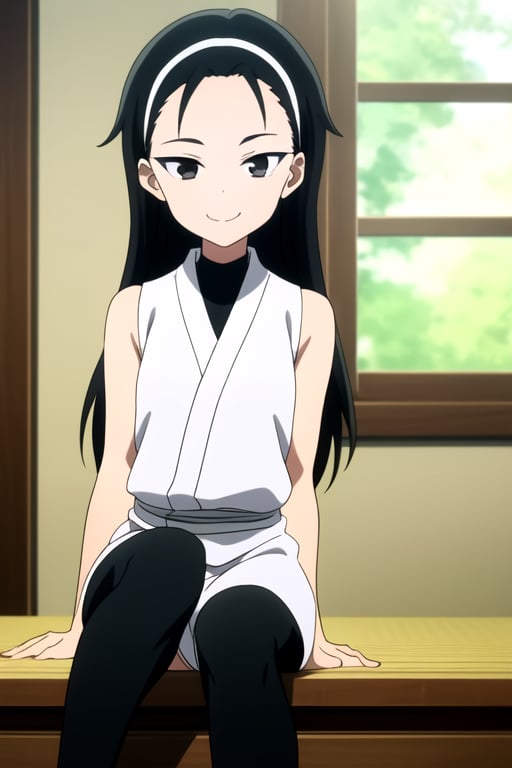 masterpiece, best quality, kunoichiShion, 1girl, solo, long hair,  looking at viewer, black eyes,  smile, sitting, black pants, short kimono, white kimono, sleeveless, 