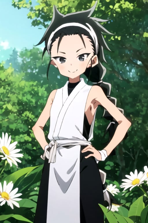 masterpiece, best quality, kunoichiShion, 1girl, solo, long hair,  looking at viewer, black eyes,  smile, standing, hands on hips, short kimono, white kimono, sleeveless, braid, black pants, , white hairband, spread legs, daisy, upper body, sunlight, falling petals, outdoors, shion flower, 