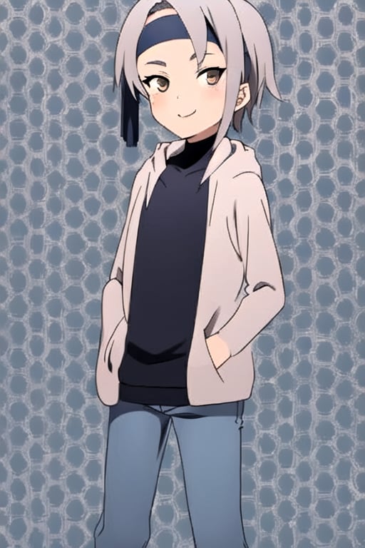 masterpiece, best quality, <lora:kunoichihigiri:1>,  kunoichihigiri, 1girl, solo, grey hair, brown eyes, headband,  hoodie, jeans, smile, looking at viewer,